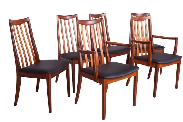 Komplet czterech krzeseł i dwóch foteli, teak brązowy, skóra czarna, proj. L. Dandy, G-Plan, Wielka Brytania, lata 60. - WYMIARY