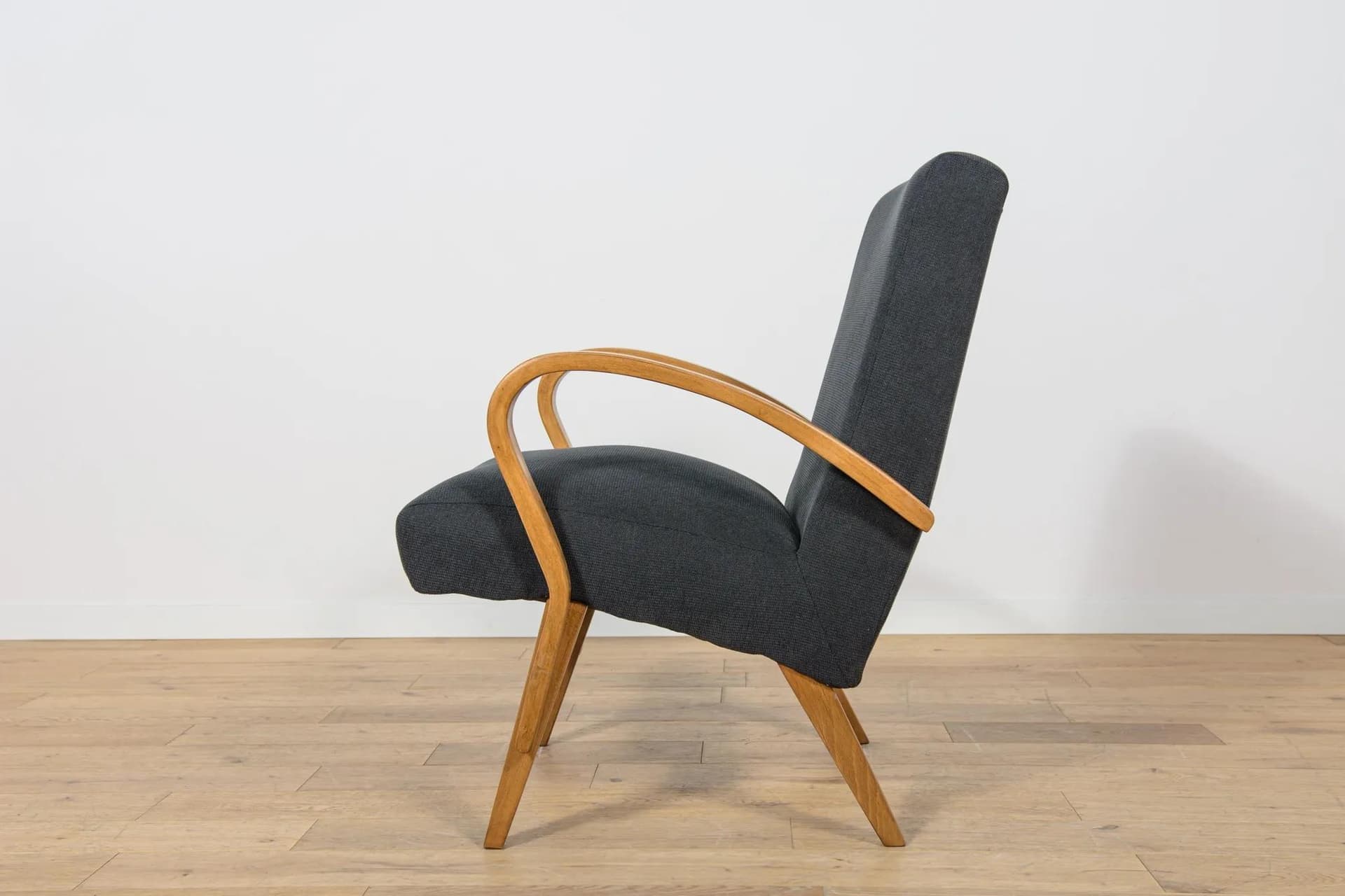 Armchair, light brown wood, black fabric, Czechoslovakia, 1960s - 72677