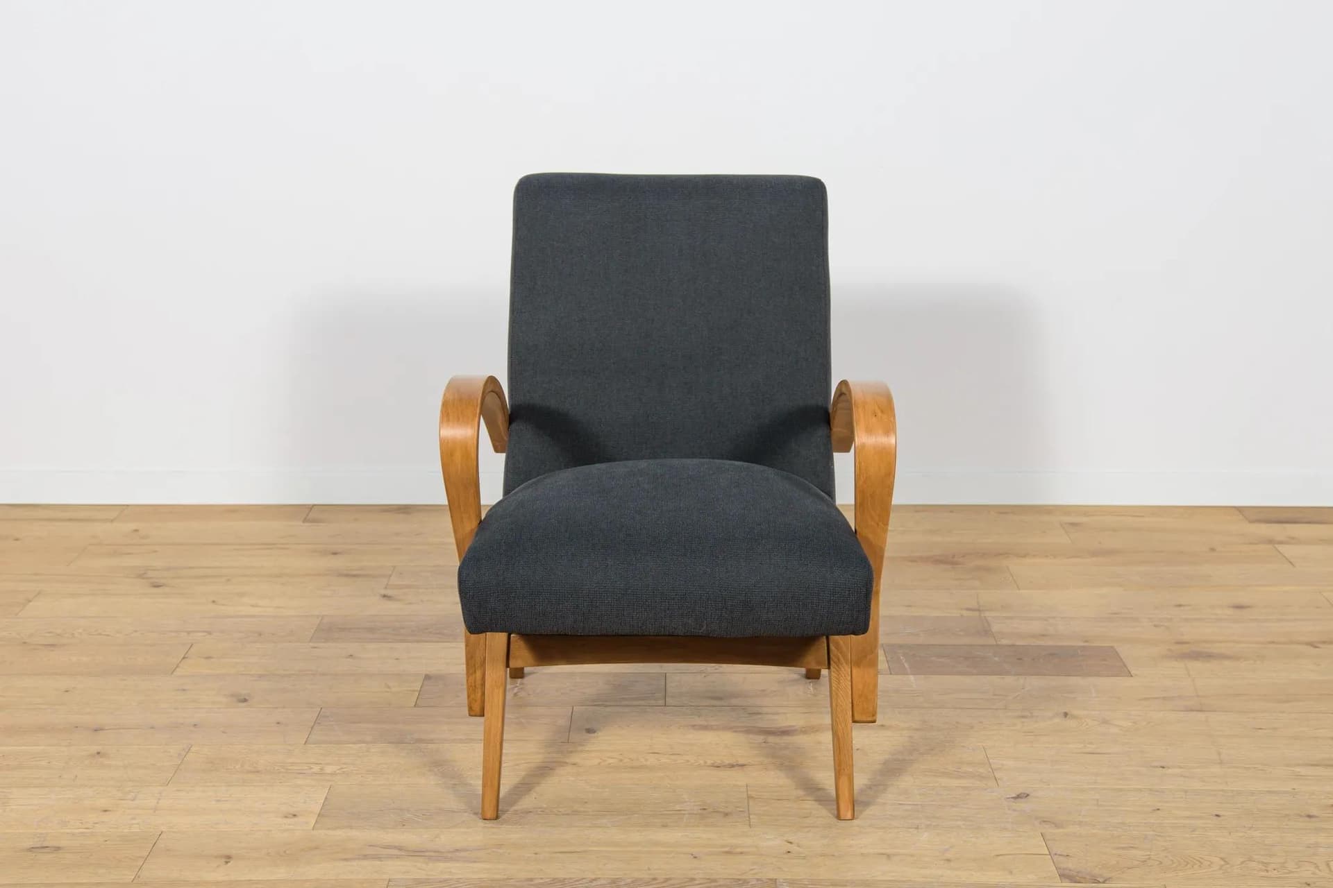 Armchair, light brown wood, black fabric, Czechoslovakia, 1960s - 72676