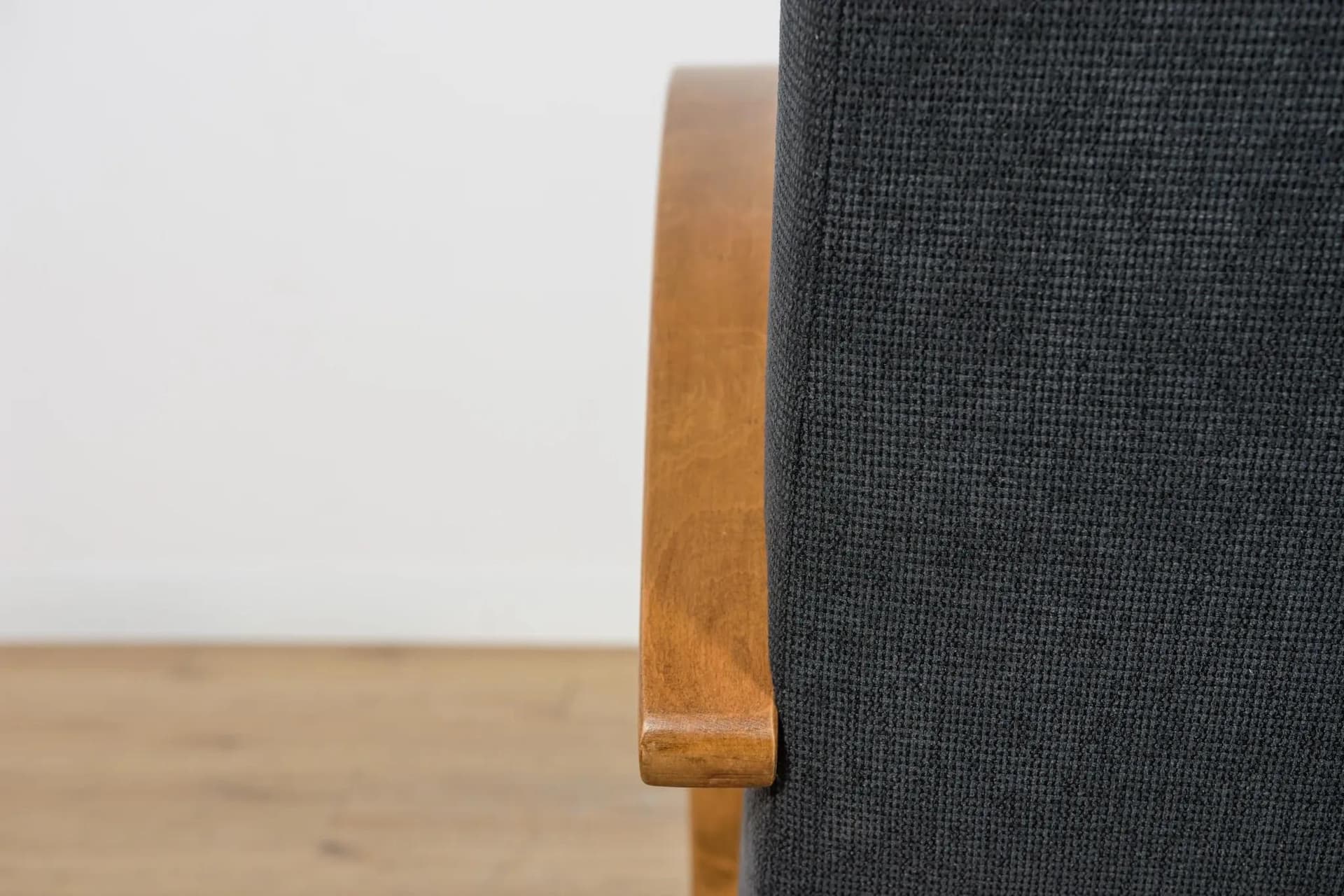 Armchair, light brown wood, black fabric, Czechoslovakia, 1960s - 72679