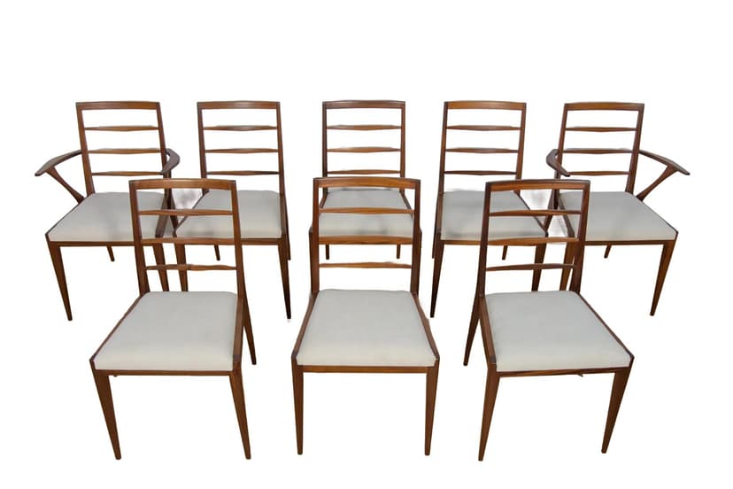 Komplet sześciu krzeseł i dwóch foteli, teak, kremowy, McIntosh, Wielka Brytania, lata 60.