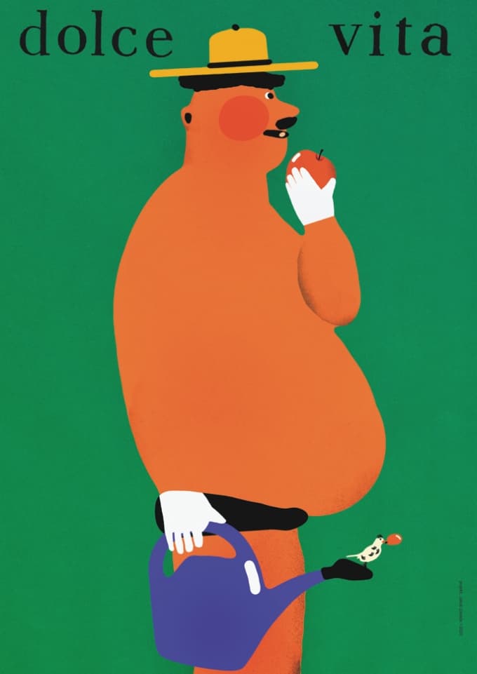 Plakat Dolce vita, opalony działkowiec z konewką, 50x70 cm, aut. J. Zasada, Jakub Zasada