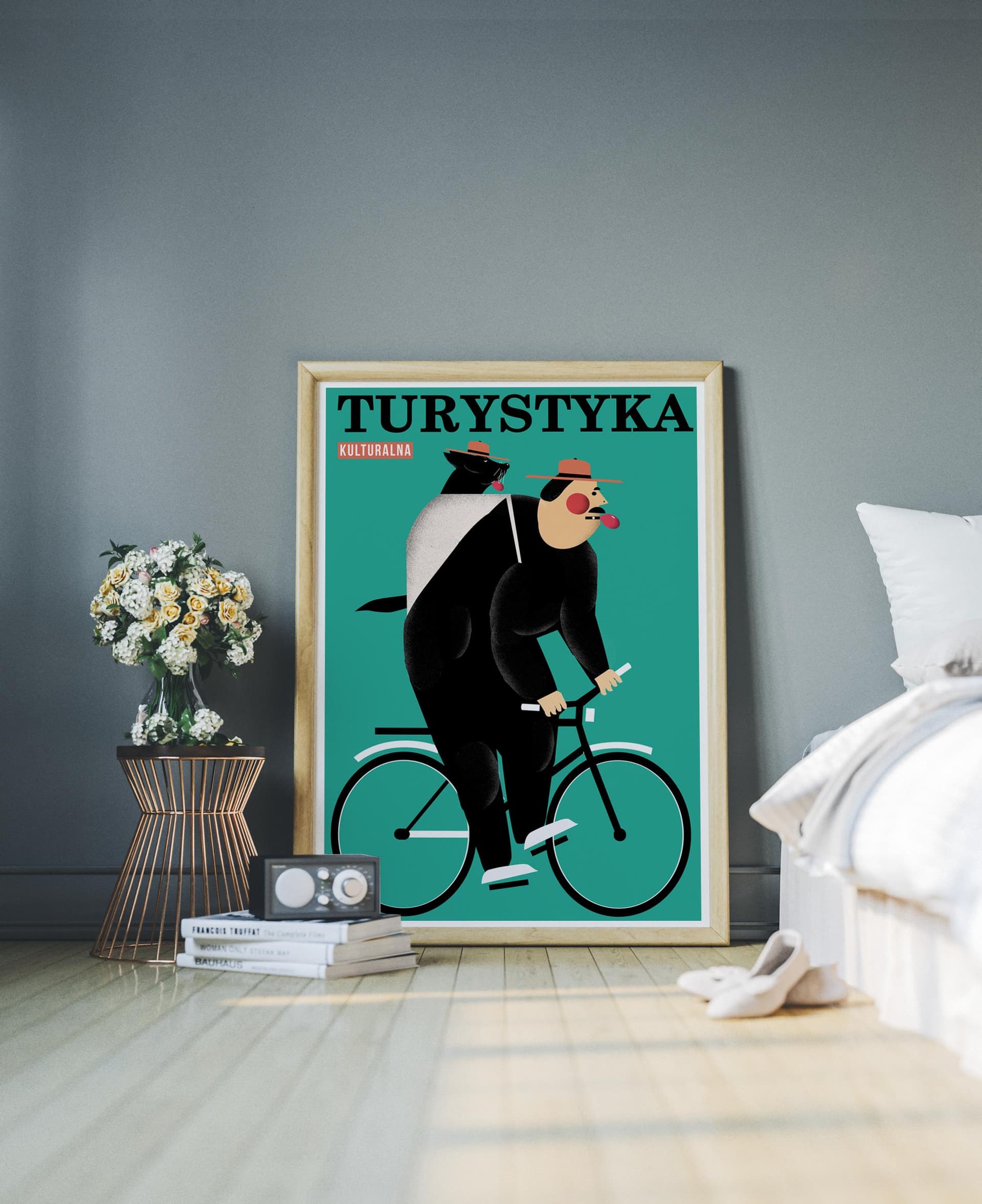 Plakat Turystyka kulturalna, człowiek na rowerze z pieskiem w plecaku, 50x70 cm, aut. J. Zasada, Jakub Zasada - 72458