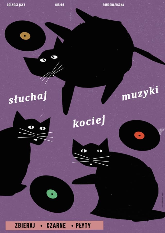 Plakat Słuchaj kociej muzyki, czarne koty z płytami winylowymi, 50x70 cm, aut. J. Zasada, Jakub Zasada