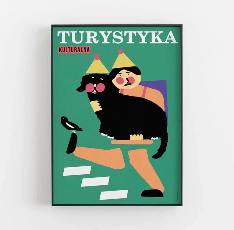 Plakat Turystyka kulturalna, człowiek z psem na rękach, 50x70 cm, aut. J. Zasada, Jakub Zasada - 72513
