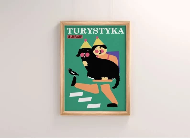 Plakat Turystyka kulturalna, człowiek z psem na rękach, 50x70 cm, aut. J. Zasada, Jakub Zasada - 72514