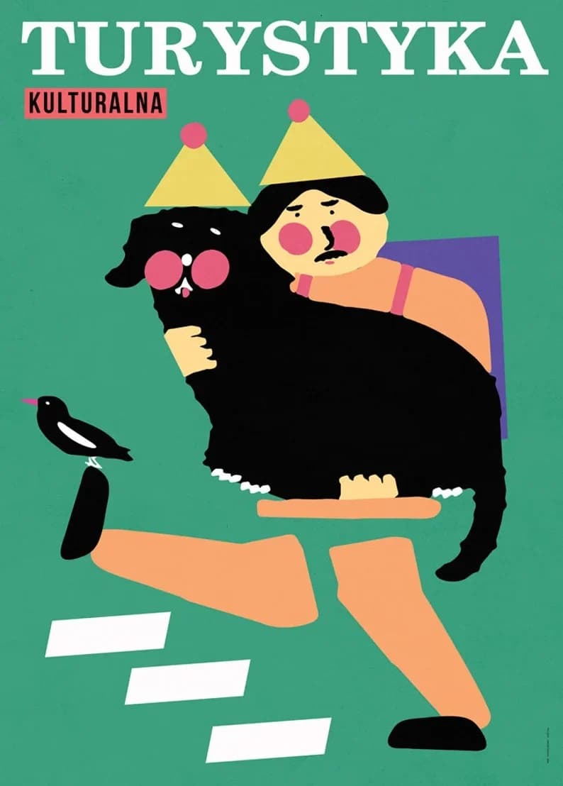 Plakat Turystyka kulturalna, człowiek z psem na rękach, 50x70 cm, aut. J. Zasada, Jakub Zasada