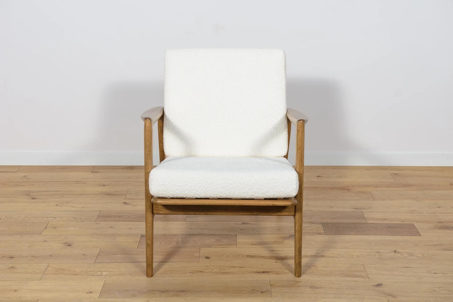Pair of armchairs 300-139, white boucle, walnut beech, Swarzędzka Fabryka Mebli, Poland, 1960s. - 74195