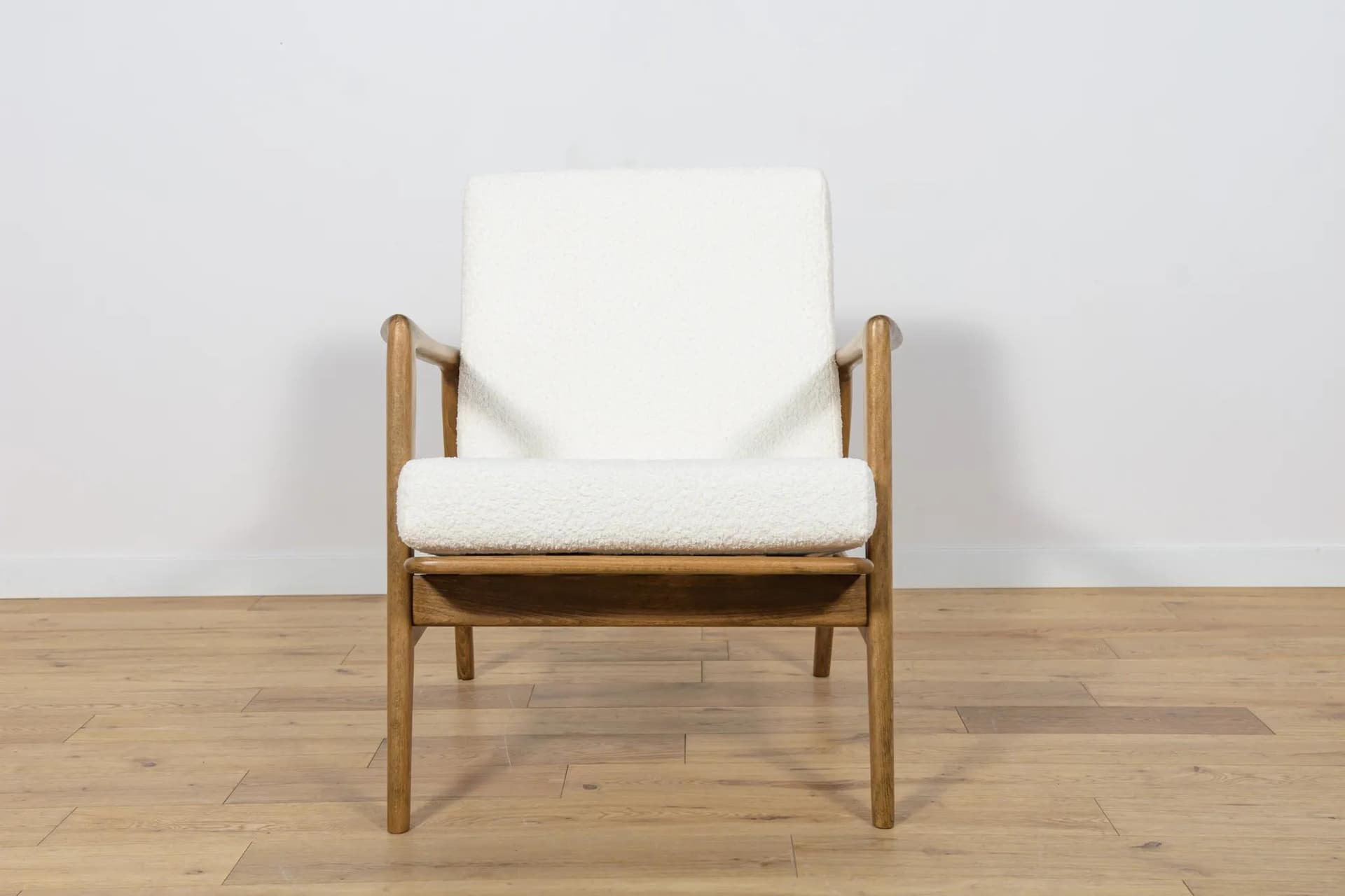 Pair of armchairs 300-139, white boucle, walnut beech, Swarzędzka Fabryka Mebli, Poland, 1960s. - 74196
