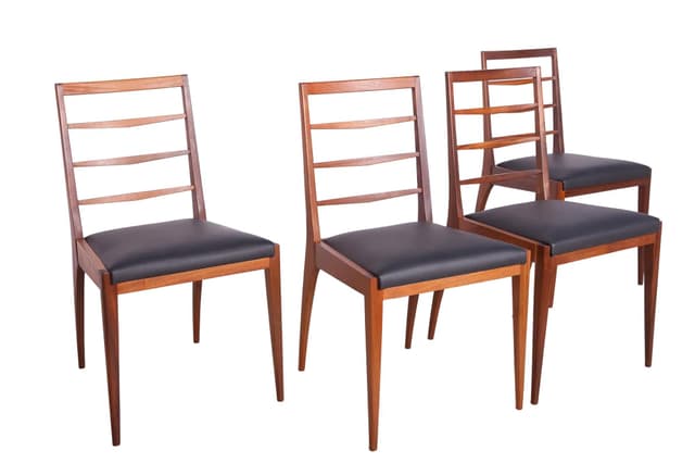 Komplet czterech krzeseł, drewno tekowe brązowe, skóra czarna, McIntosh, Wielka Brytania, lata 60. - WYMIARY