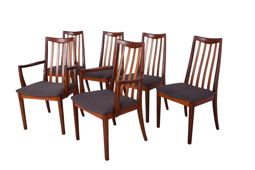 Komplet czterech krzeseł i dwóch foteli, teak, szary, proj. L. Dandy, dla G-Plan, Wielka Brytania, lata 60.