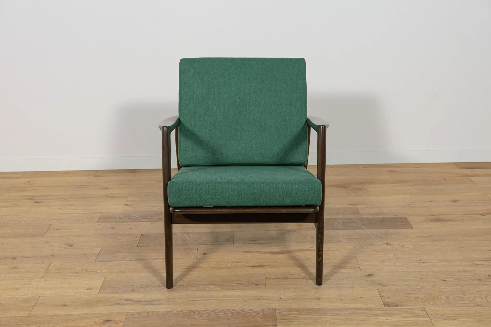 Armchair 300-139, dark brown beech, bottle green fabric, Swarzędzka Fabryka Mebli, Poland, 1960s. - 74005