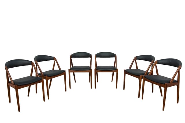 Komplet sześciu krzeseł model 31, teak brązowy, skóra naturalna czarna, proj. K. Kristiansen, Dania, lata 60. - WYMIARY