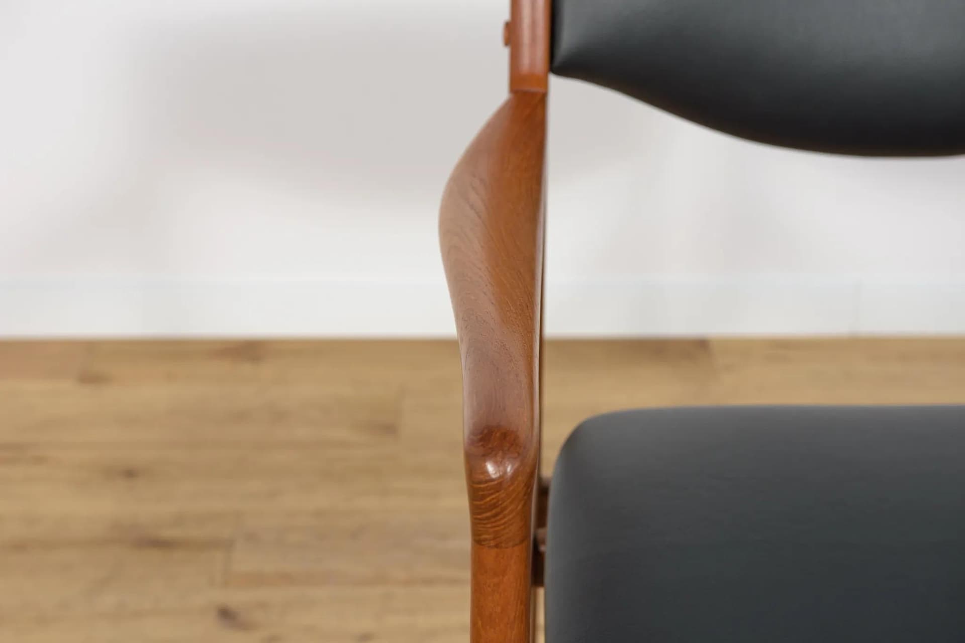 Armchair, brown teak, black leather, Denmark, 1960s. - 73832