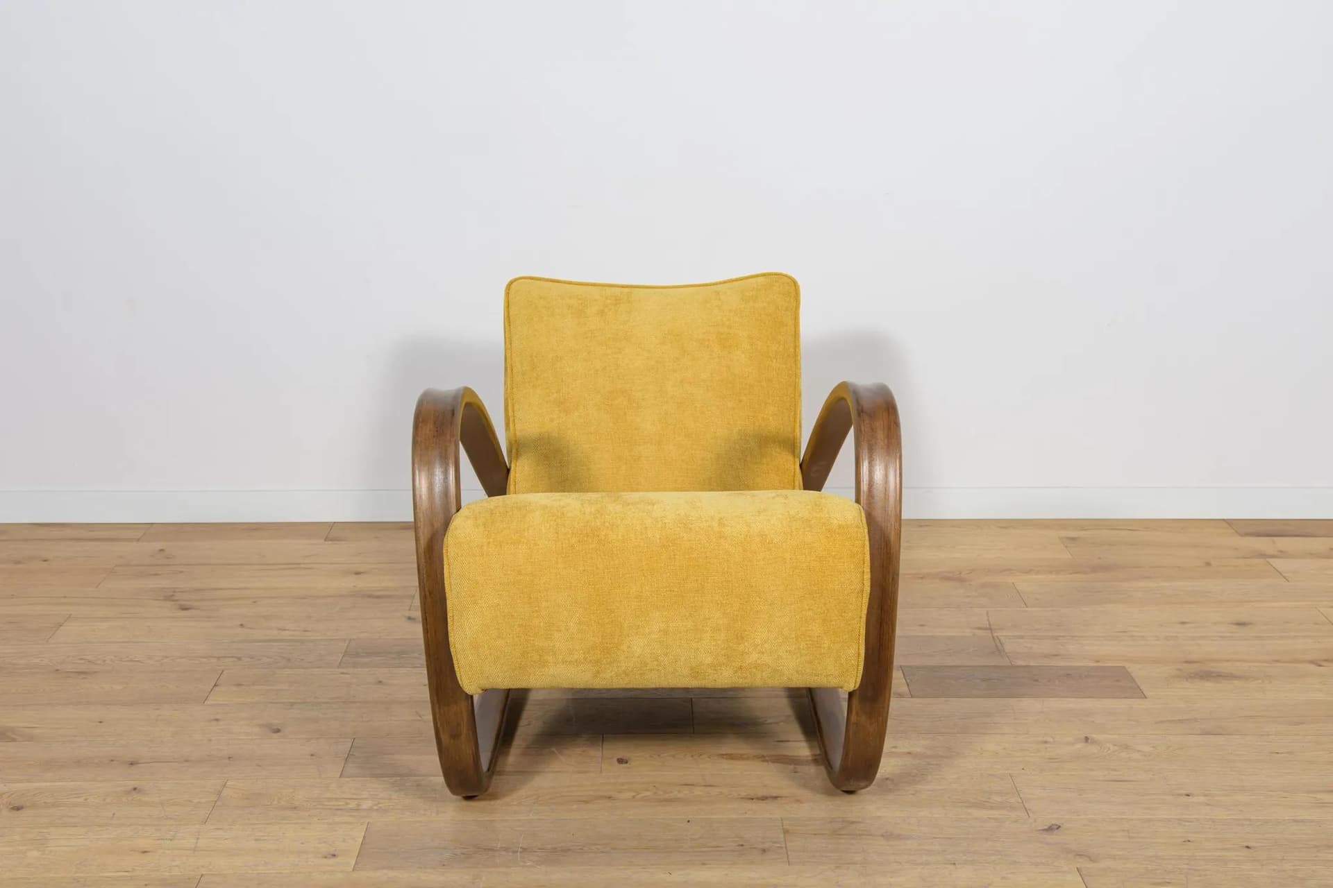 Armchair H-269, yellow wool, brown beech, by J. Halabala, UP Zavody, Czechoslovakia, 1930s. - 73771