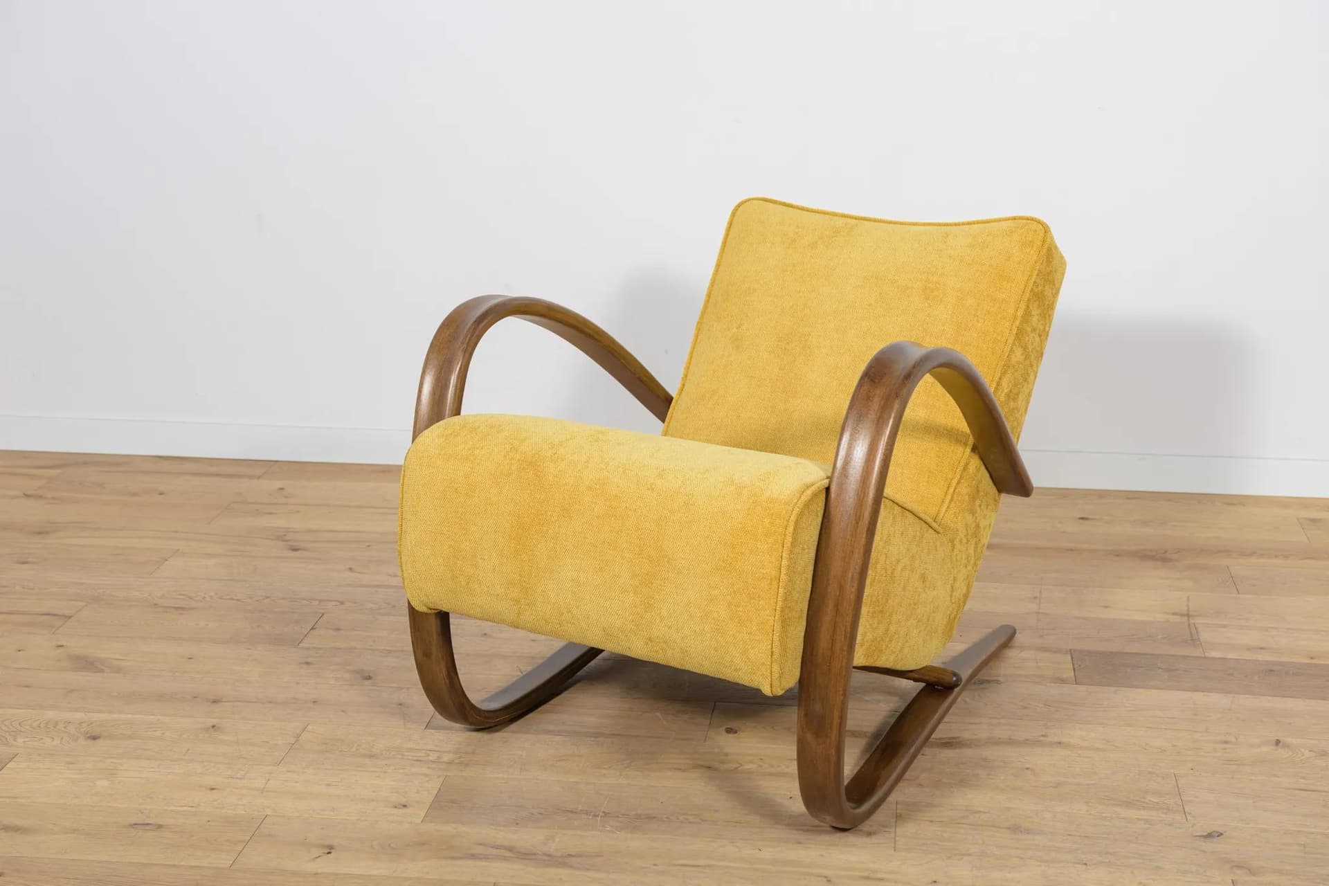 Armchair H-269, yellow wool, brown beech, by J. Halabala, UP Zavody, Czechoslovakia, 1930s. - 73770
