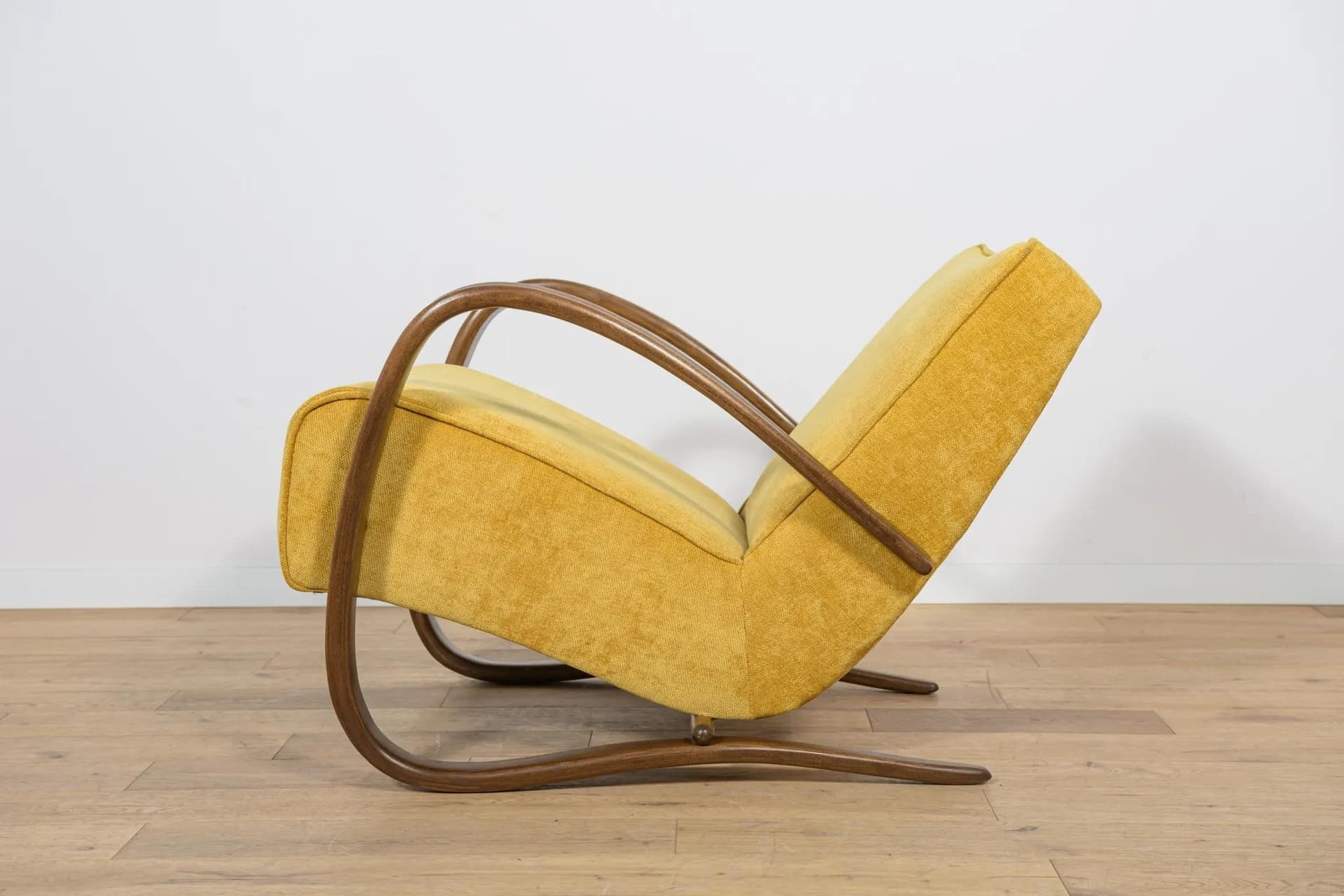 Armchair H-269, yellow wool, brown beech, by J. Halabala, UP Zavody, Czechoslovakia, 1930s. - 73772