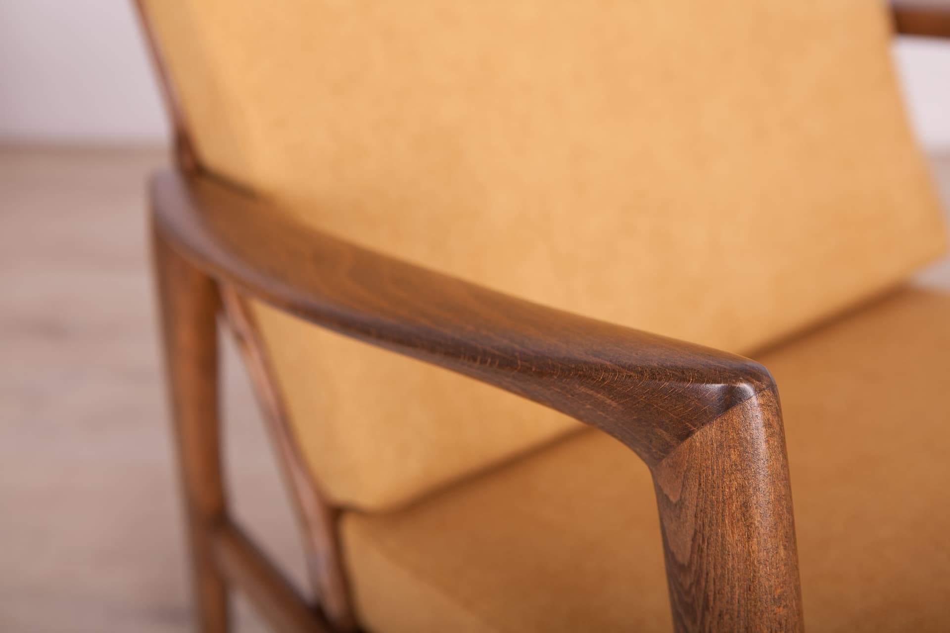 Armchair 300-139, yellow, beech walnut, Swarzędzka Fabryka Mebli, Poland, 1960s. - 73739