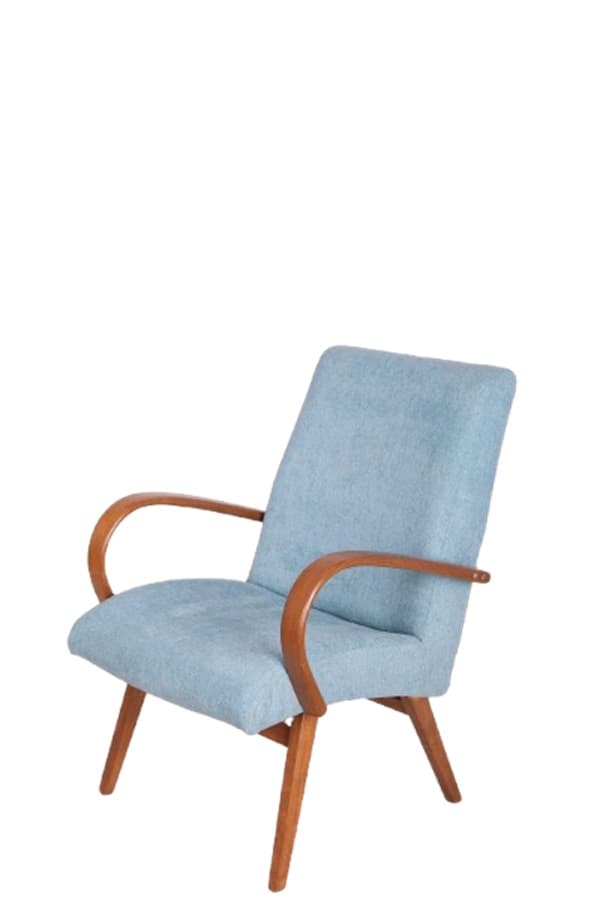 Para foteli Model 53, buk, tkanina błękitna, proj. J. Šmidek, TON, Czechosłowacja, lata 60.