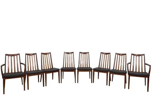 Komplet sześciu krzeseł i dwóch foteli, teak brązowy, skóra czarna, proj. L. Dandy, G-Plan, Wielka Brytania, lata 60. - WYMIARY