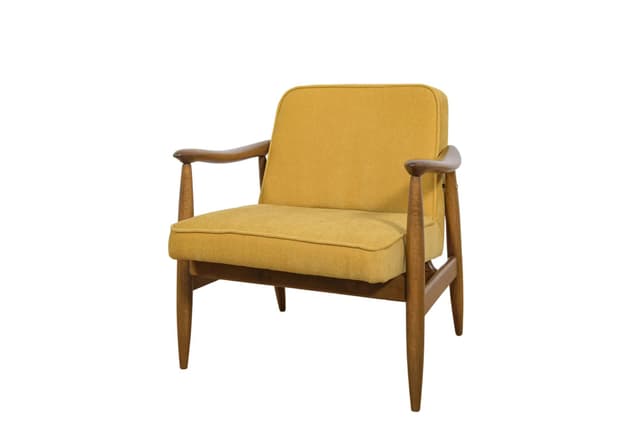 Fotel GFM-87, drewno brązowe, tkanina żółta, proj. J. Kędziorek, Polska, lata 70. - WYMIARY