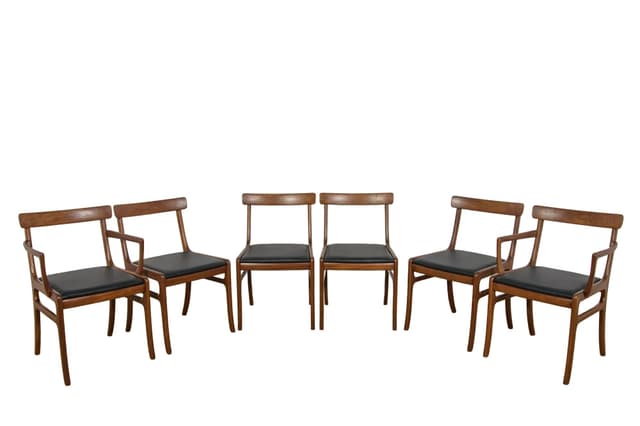 Set of Four Chairs and Two Armchairs Rungstedlund, brown mahogany, black leather, by O. Wanscher, Poul Jeppesens Møbelfabrik, Denmark, 1960s. - DIMENSION