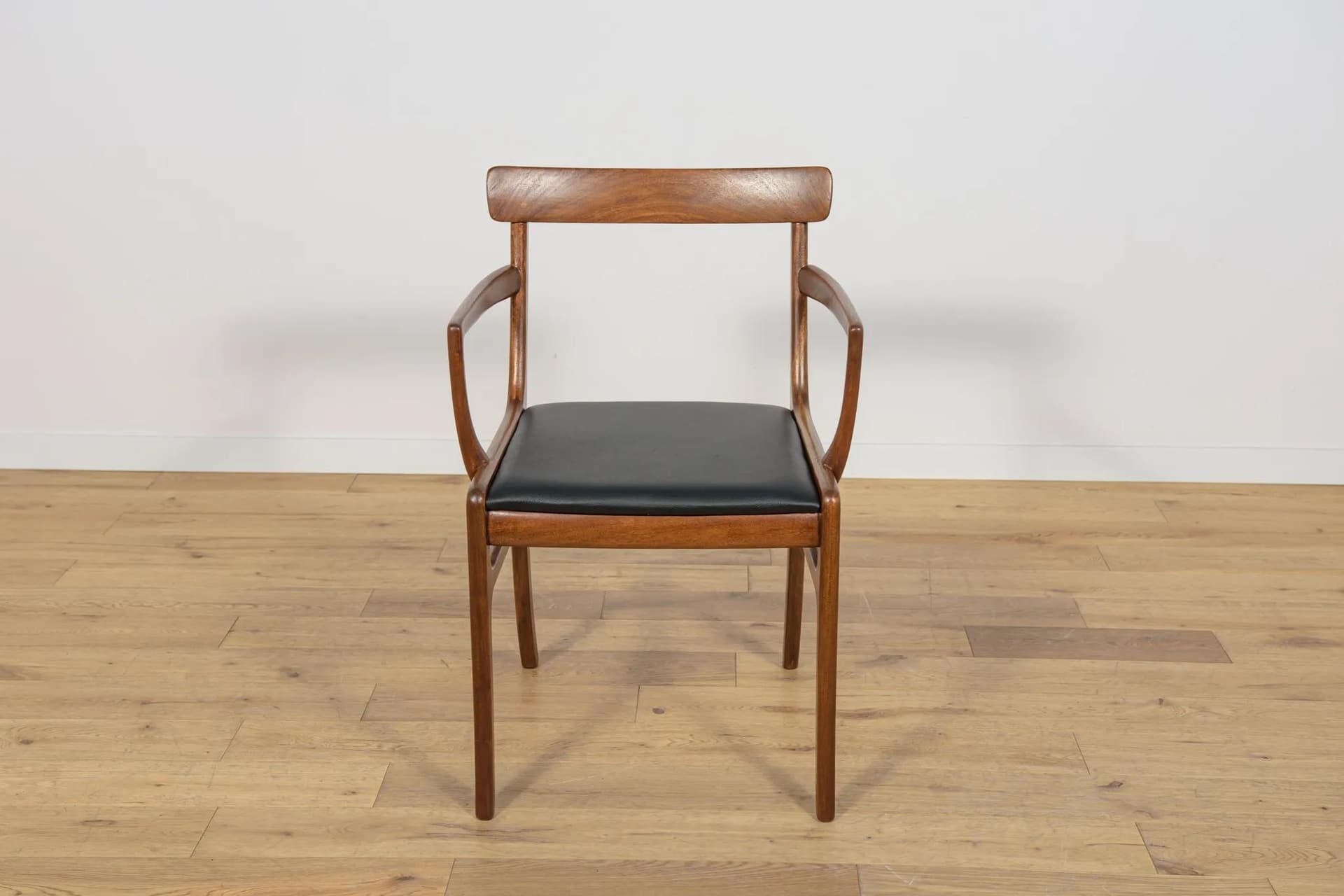 Set of Four Chairs and Two Armchairs Rungstedlund, brown mahogany, black leather, by O. Wanscher, Poul Jeppesens Møbelfabrik, Denmark, 1960s. - 75023