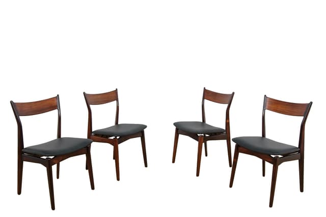 Komplet czterech krzeseł, palisander ciemnobrązowy, skóra naturalna czarna, proj. H. P. Hansen, Dania, lata 60. - WYMIARY
