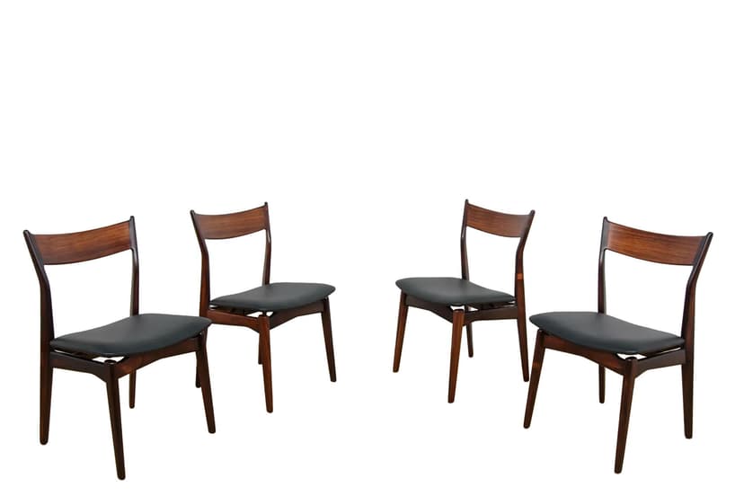 Komplet czterech krzeseł, palisander ciemnobrązowy, skóra naturalna czarna, proj. H. P. Hansen, Dania, lata 60.