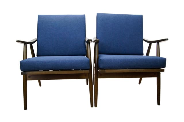 Para foteli, drewno orzech, tkanina granatowa, Ton, Czechosłowacja, lata 60. - WYMIARY