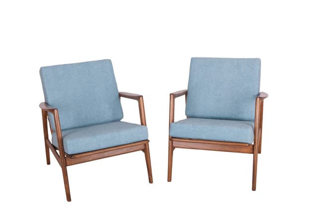 Para foteli 300-139, buk orzechowy, tkanina niebieska, Swarzędzka Fabryka Mebli, Polska, lata 60. - WYMIARY
