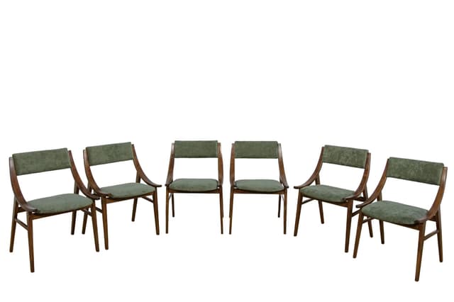Komplet sześciu krzeseł Skoczek, orzech ciemny, tkanina zielona, proj. J. Kędziorek, Zamojska Fabryka Mebli, Polska, lata 70. - WYMIARY