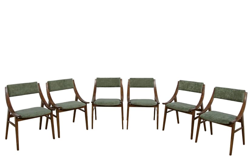 Komplet sześciu krzeseł Skoczek, orzech ciemny, tkanina zielona, proj. J. Kędziorek, Zamojska Fabryka Mebli, Polska, lata 70.