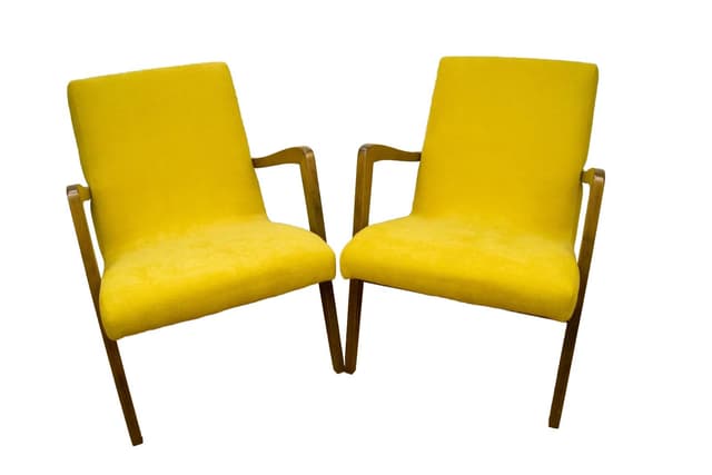 Para foteli typ 300-138, żółta tkanina, buk dębowy, Bystrzyckie Fabryki Mebli, Polska, lata 60. - WYMIARY