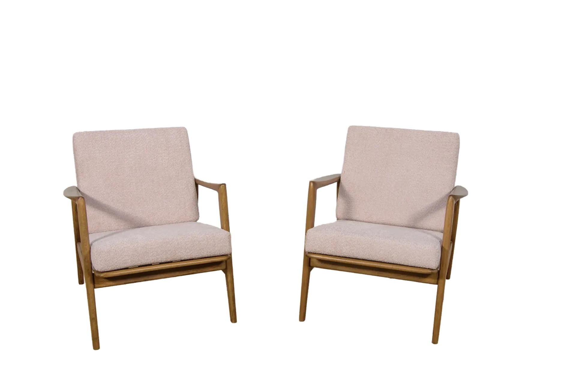 Pair of armchairs 300-139, pink boucle, brown beech, Swarzędzka Fabryka Mebli, Poland, 1960s.