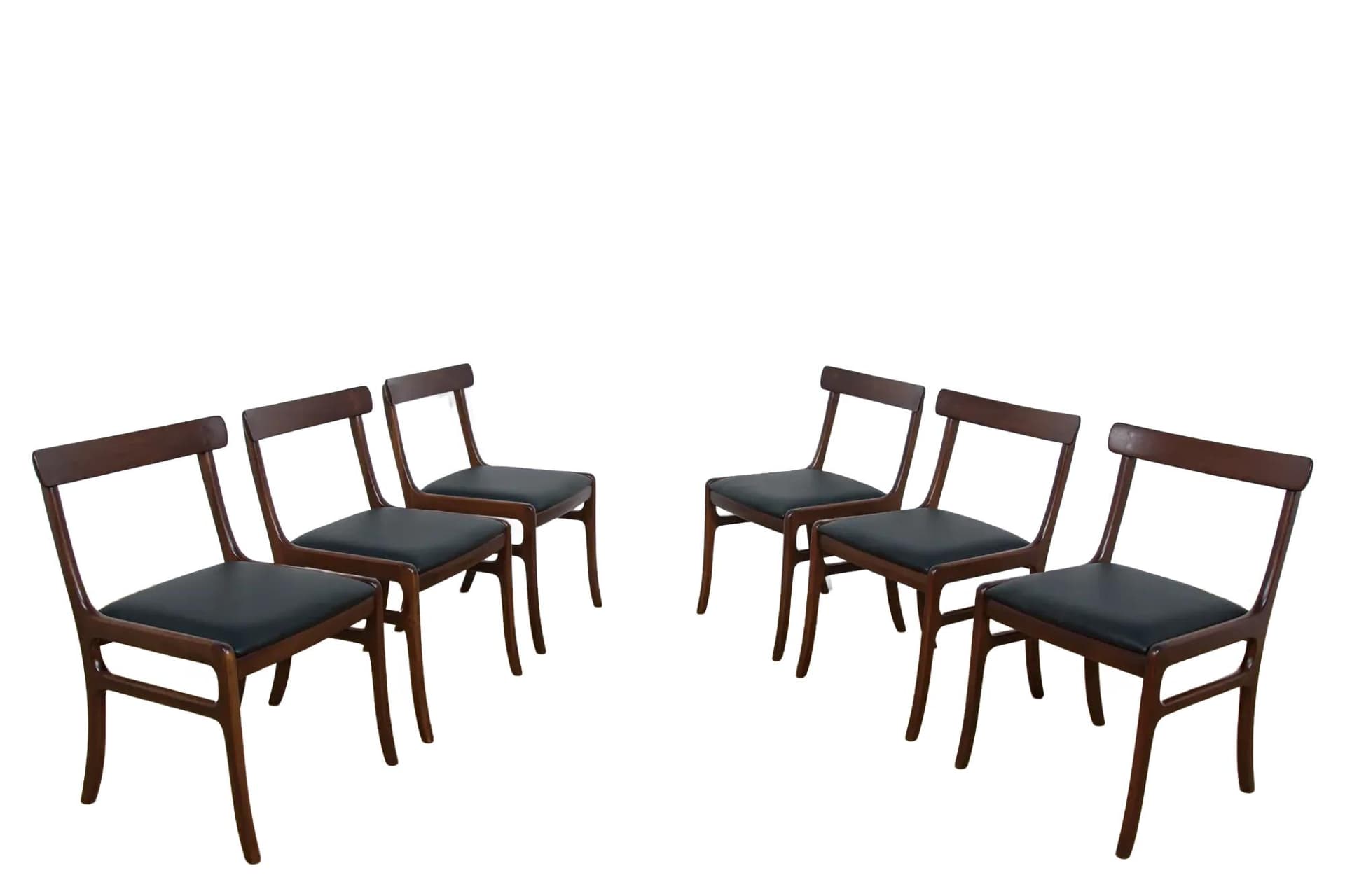 Komplet sześciu krzeseł Rungstedlund, mahoń brązowy, skóra naturalna czarna, proj. O. Wanscher, Poul Jeppesens Møbelfabrik, Dania, lata 60.