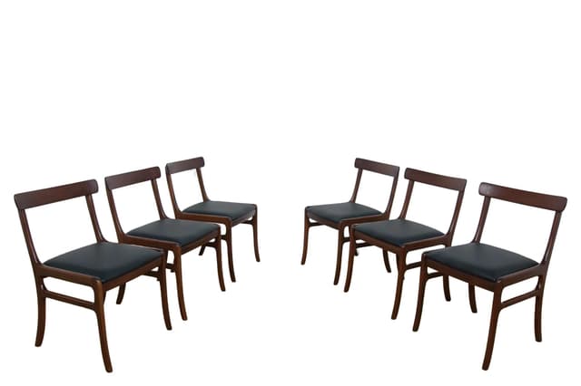 Komplet sześciu krzeseł Rungstedlund, mahoń brązowy, skóra naturalna czarna, proj. O. Wanscher, Poul Jeppesens Møbelfabrik, Dania, lata 60. - WYMIARY