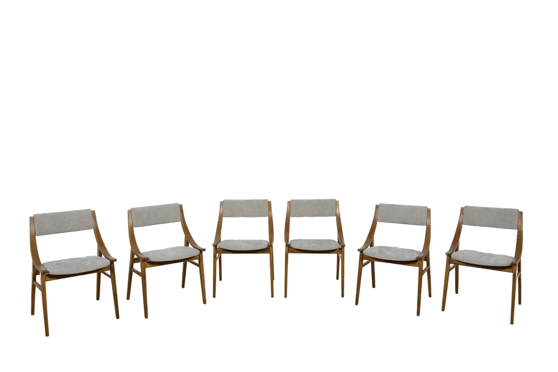 Komplet sześciu krzeseł Skoczek, orzech, tkanina szara, proj. J. Kędziorek, dla Zamojskich Fabryk Mebli, Polska, lata 70.
