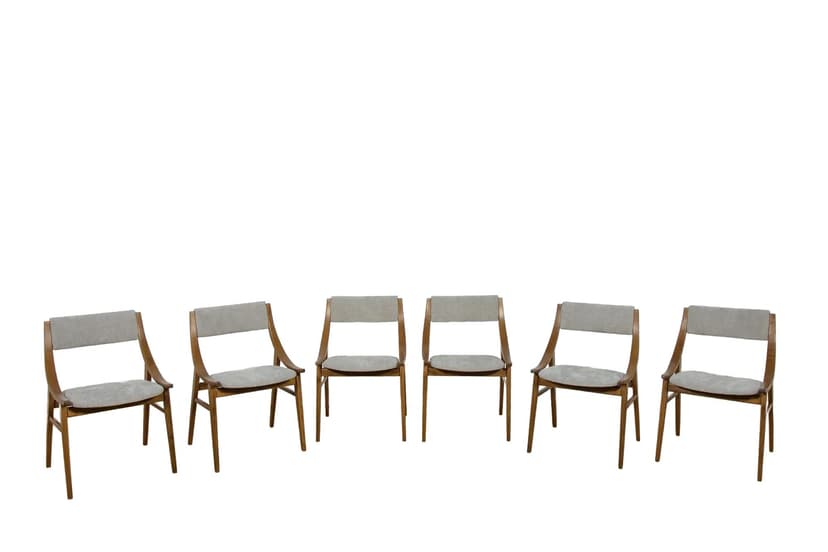 Komplet sześciu krzeseł Skoczek, orzech, tkanina szara, proj. J. Kędziorek, dla Zamojskich Fabryk Mebli, Polska, lata 70.