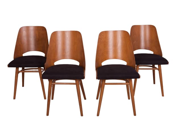 Komplet czterech krzeseł, drewno brązowe, tkanina czarna, Tatra Nabytok, Czechosłowacja, lata 60. - WYMIARY