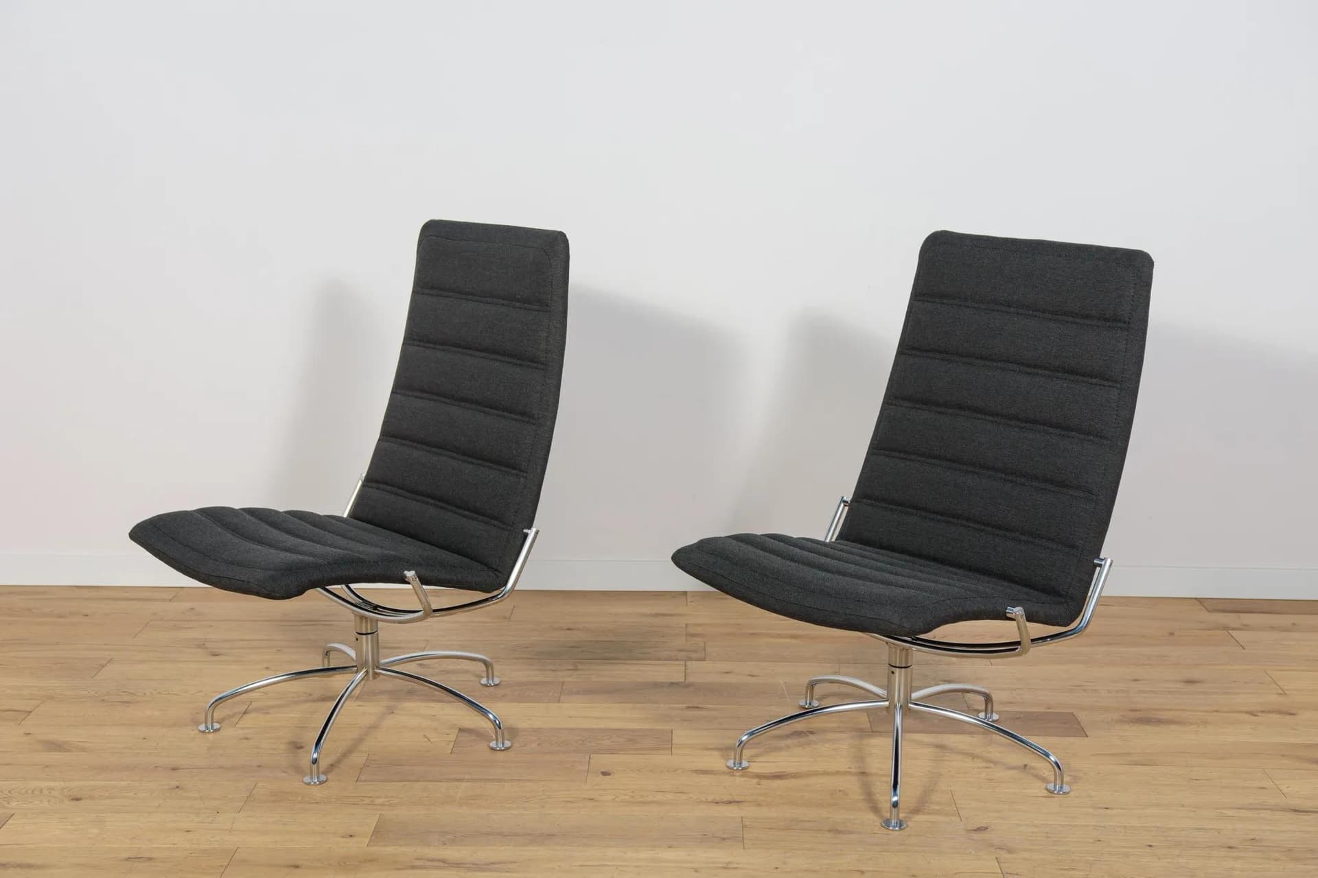 Pair of lounge chairs Model SAS, black fabric, chromed metal, by J. Ammudsen, Fritz Hansen, Denmark, 1980s. - 74362