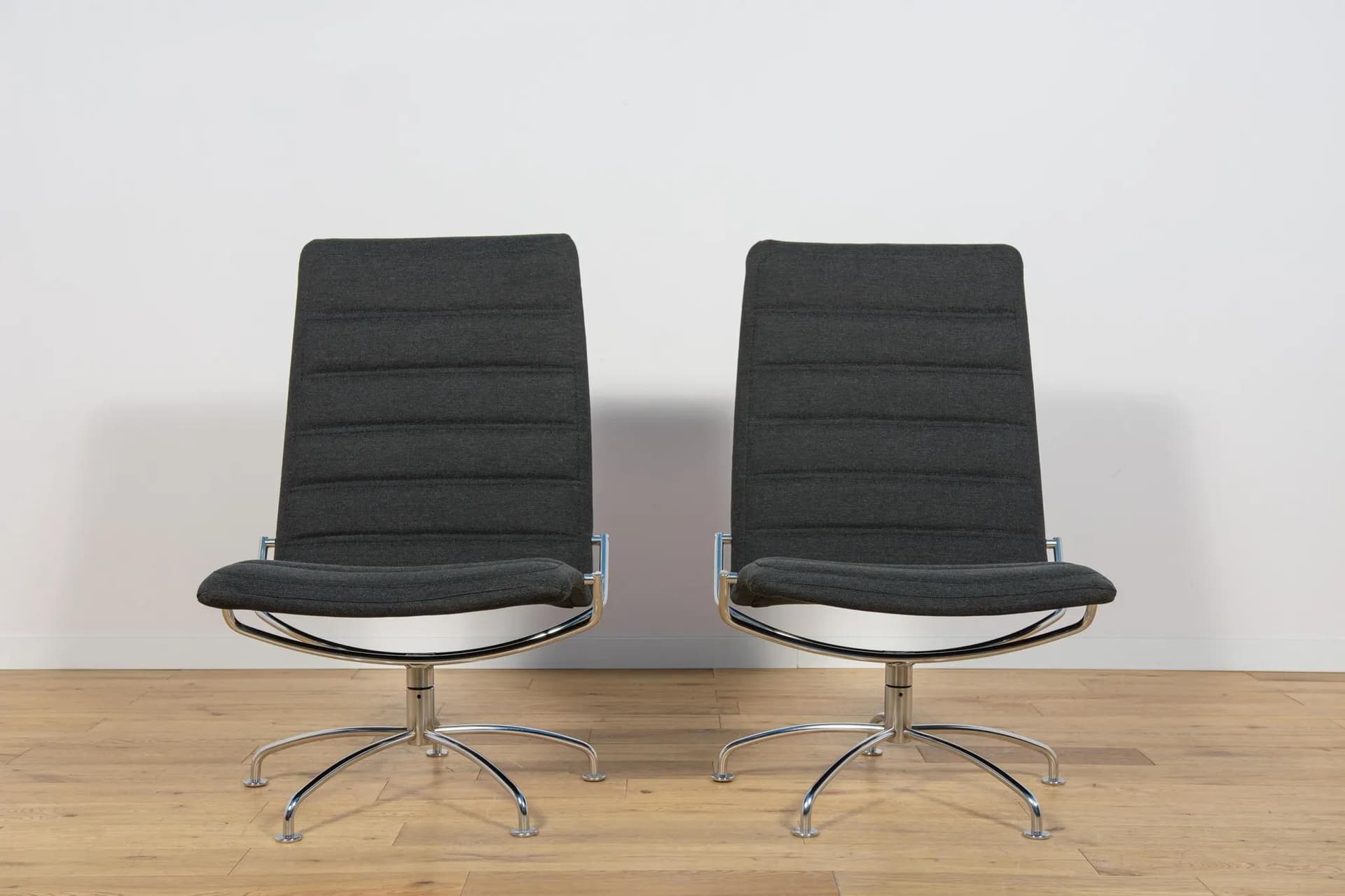 Pair of lounge chairs Model SAS, black fabric, chromed metal, by J. Ammudsen, Fritz Hansen, Denmark, 1980s. - 74360