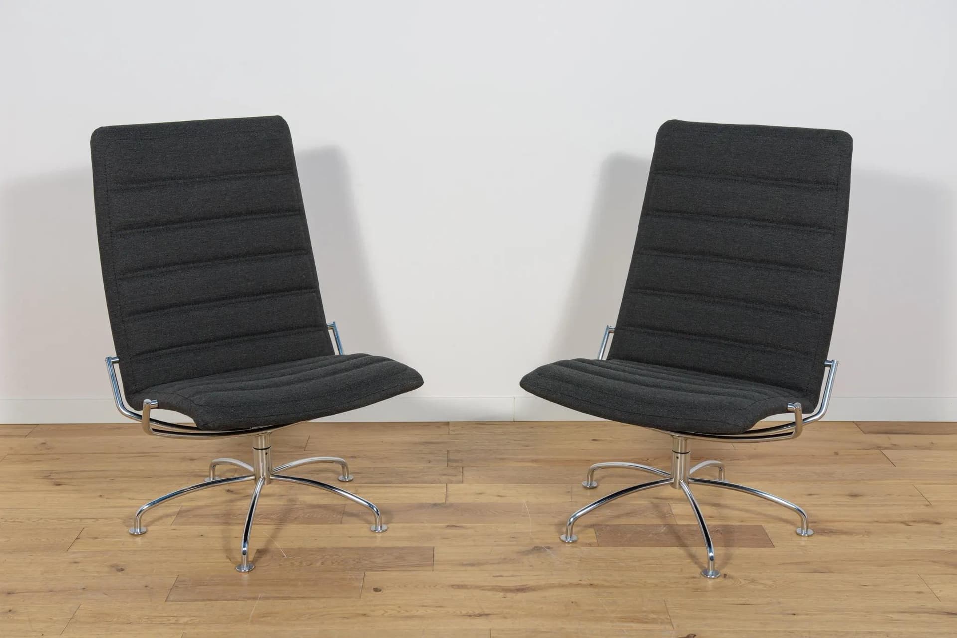 Pair of lounge chairs Model SAS, black fabric, chromed metal, by J. Ammudsen, Fritz Hansen, Denmark, 1980s. - 74361