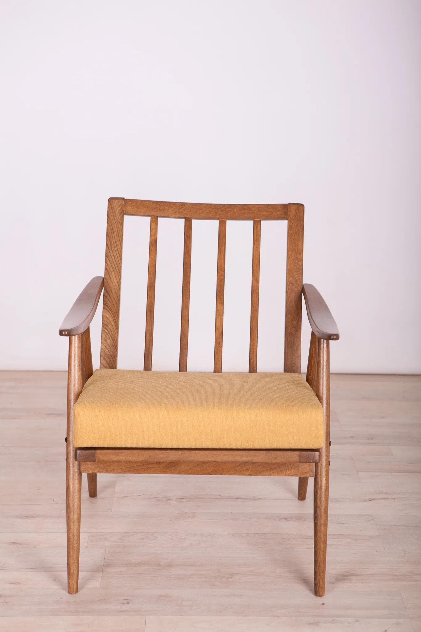 Armchair, beech walnut, mustard fabric, TON, Czechoslovakia, 1960s. - 75204