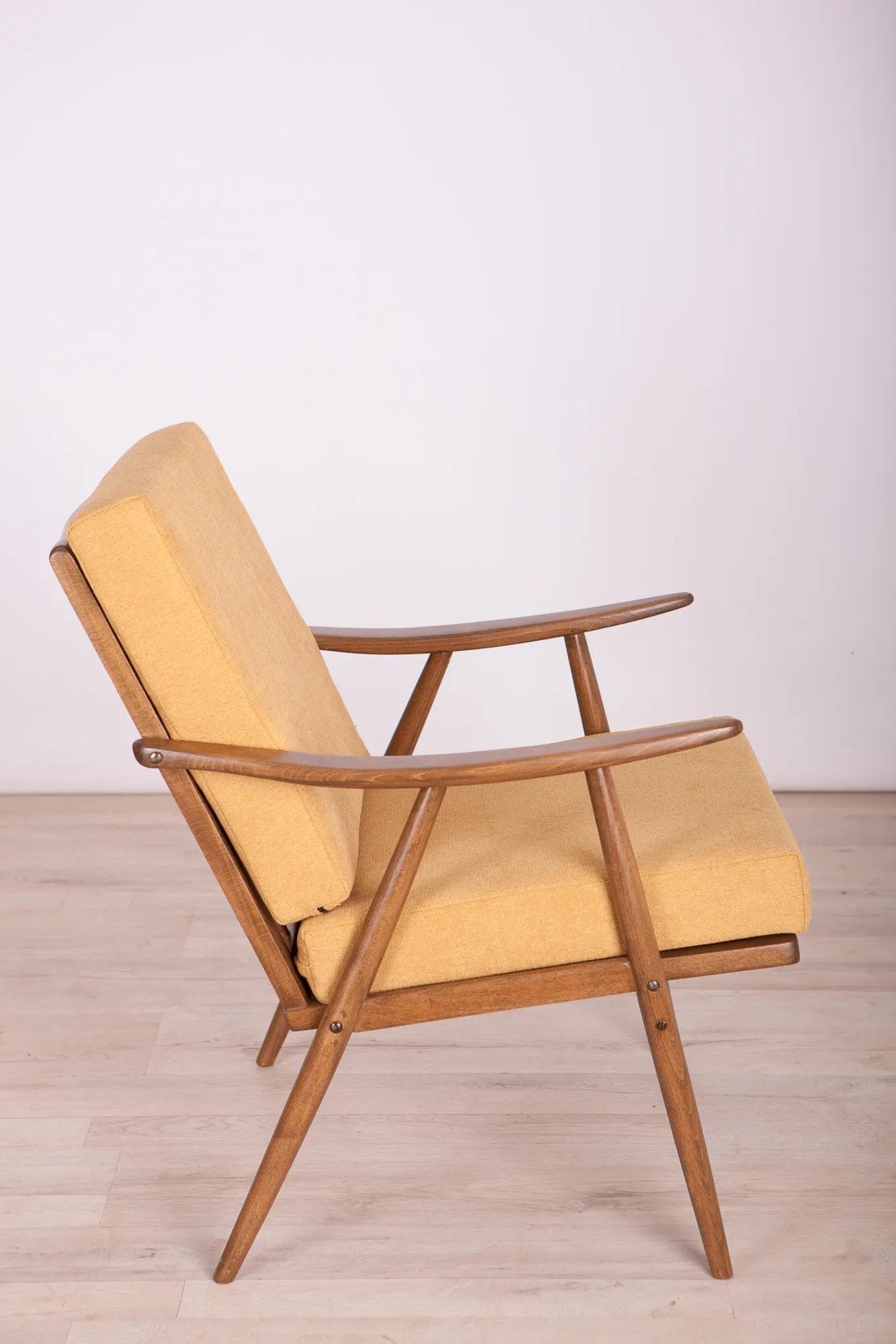 Armchair, beech walnut, mustard fabric, TON, Czechoslovakia, 1960s. - 75203