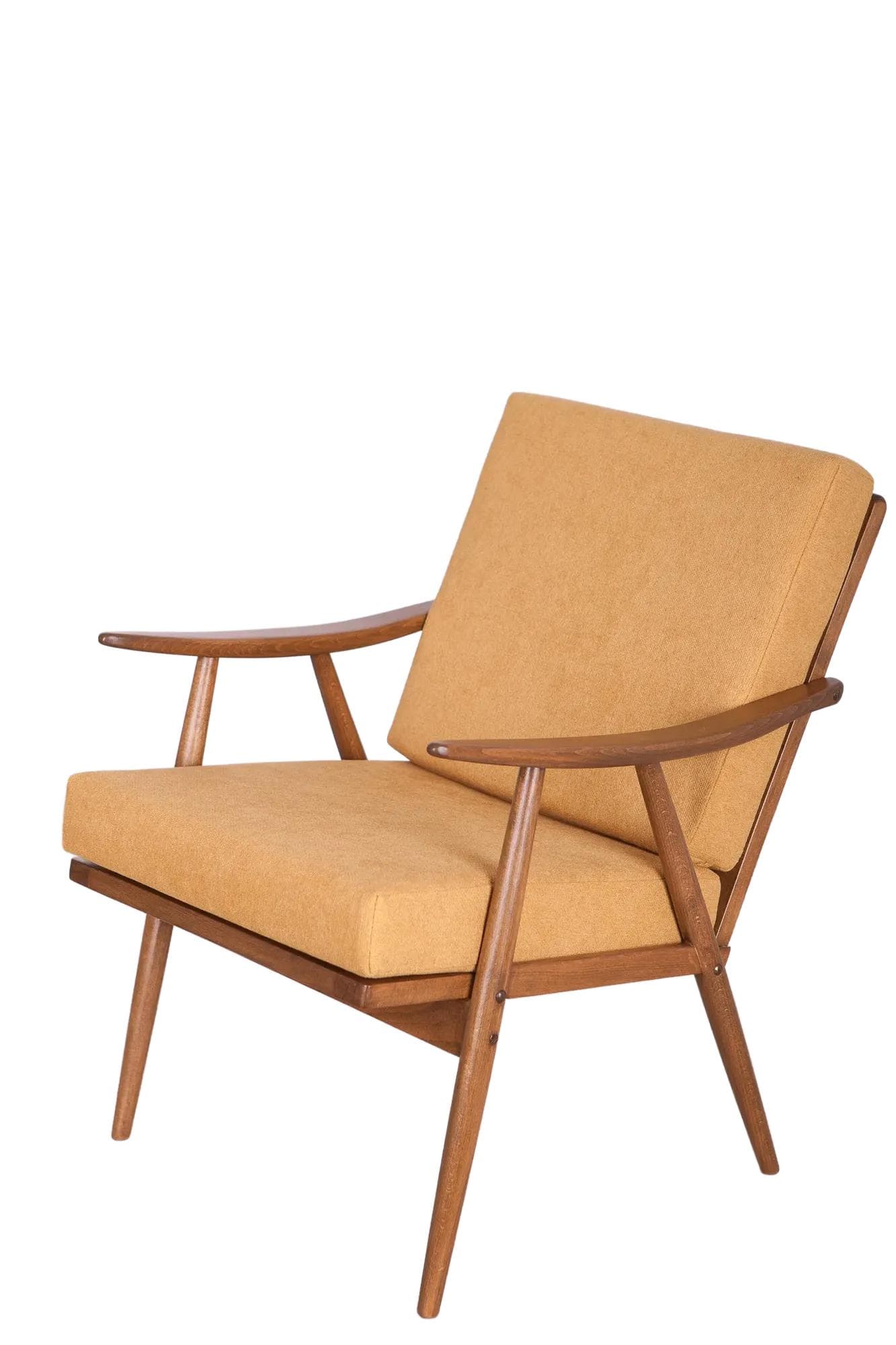 Armchair, beech walnut, mustard fabric, TON, Czechoslovakia, 1960s.