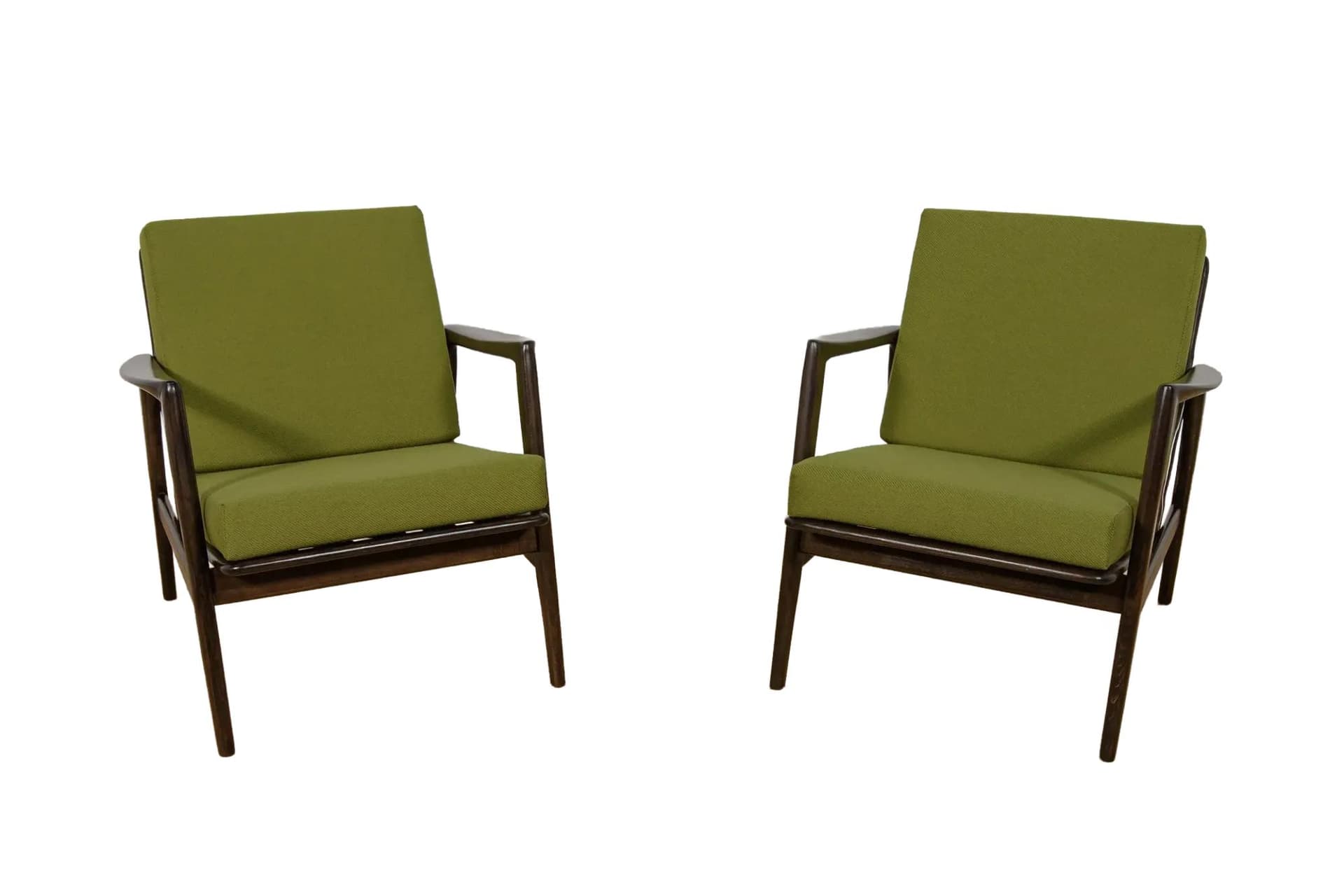 Para foteli 300-139, buk ciemnobrązowy, tkanina oliwkowa, Swarzędzka Fabryka Mebli, Polska, lata 60.