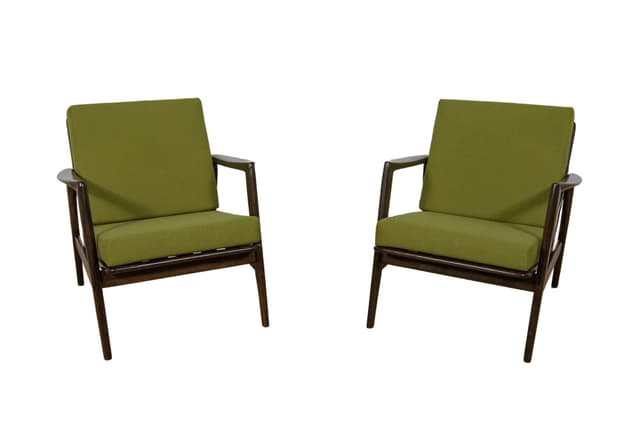 Para foteli 300-139, buk ciemnobrązowy, tkanina oliwkowa, Swarzędzka Fabryka Mebli, Polska, lata 60. - WYMIARY