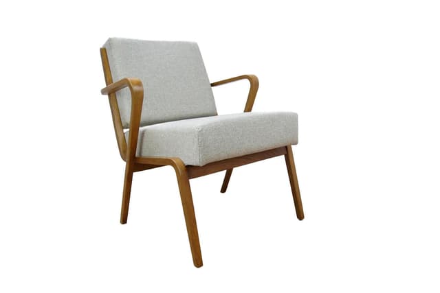 Fotel 53693, drewno brązowy, tkanina szara, proj. S. Selmanagic, Deutsche Werkstätten Hellerau, Niemcy, lata 50. - WYMIARY