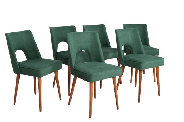 Komplet sześciu krzeseł Muszelka, butelkowa zieleń, drewno, Bydgoska Fabryka Mebli, Polska, lata 60. - WYMIARY